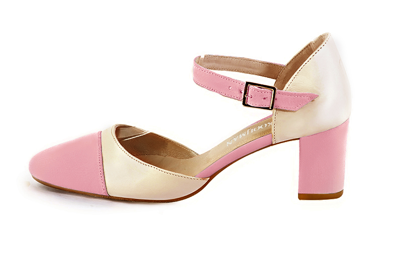 Carnation pink and champagne white women's open side shoes, with an instep strap. Round toe. Medium block heels. Profile view - Florence KOOIJMAN